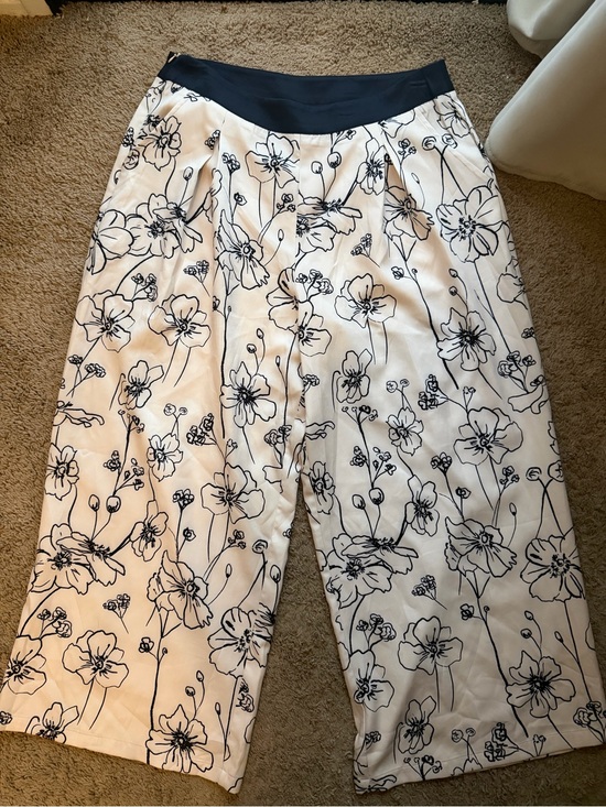 Cider Pants - Ivory Floral Print Wide-Leg Pants with Black Waistband